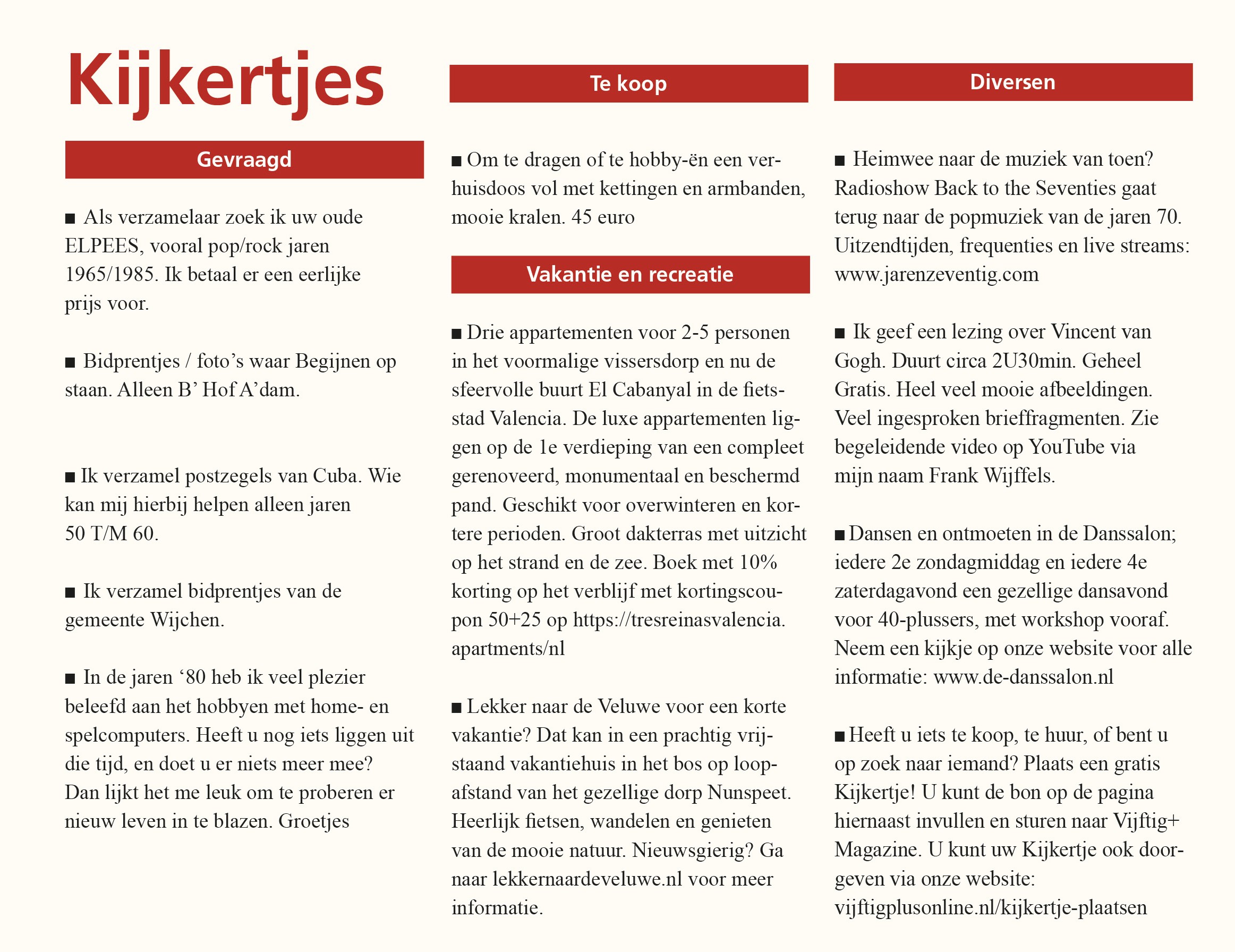 Plaats een gratis rubrieksadvertentie in Vijftig+ Magazine! 